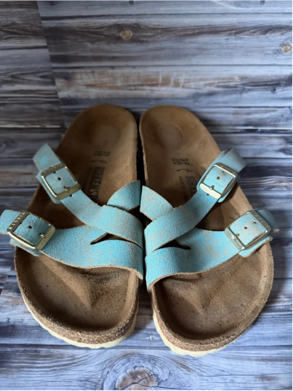 BIRKENSTOCK Yao Suede Leather Washed Metallic Aqua Sandals Sz 9